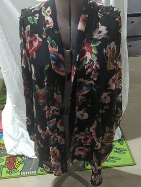 Black Floral Open Front Kimono